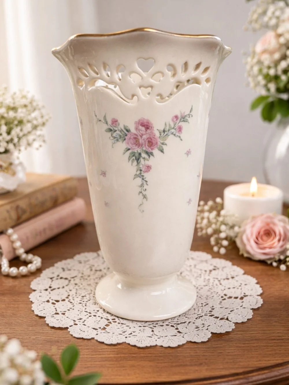 Vintage Lenox Ambassador Collection Reticulated Vase Petite Rose 7” Gold Rim
